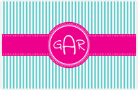 Thumbnail for Personalized Vertical Stripes Placemat - Viking Blue and White - Hot Pink Circle Frame with Ribbon -  View