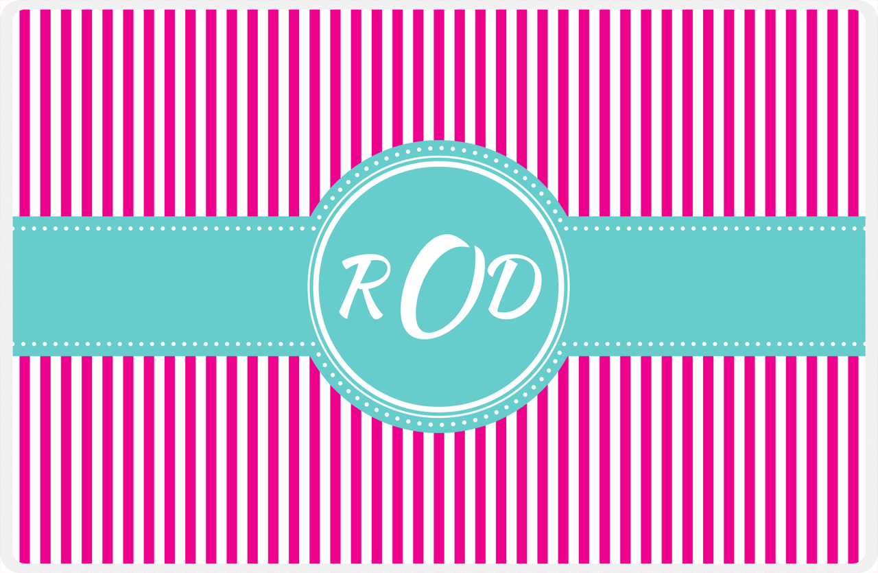 Personalized Vertical Stripes Placemat - Hot Pink and White - Viking Blue Circle Frame with Ribbon -  View