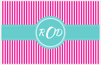 Thumbnail for Personalized Vertical Stripes Placemat - Hot Pink and White - Viking Blue Circle Frame with Ribbon -  View