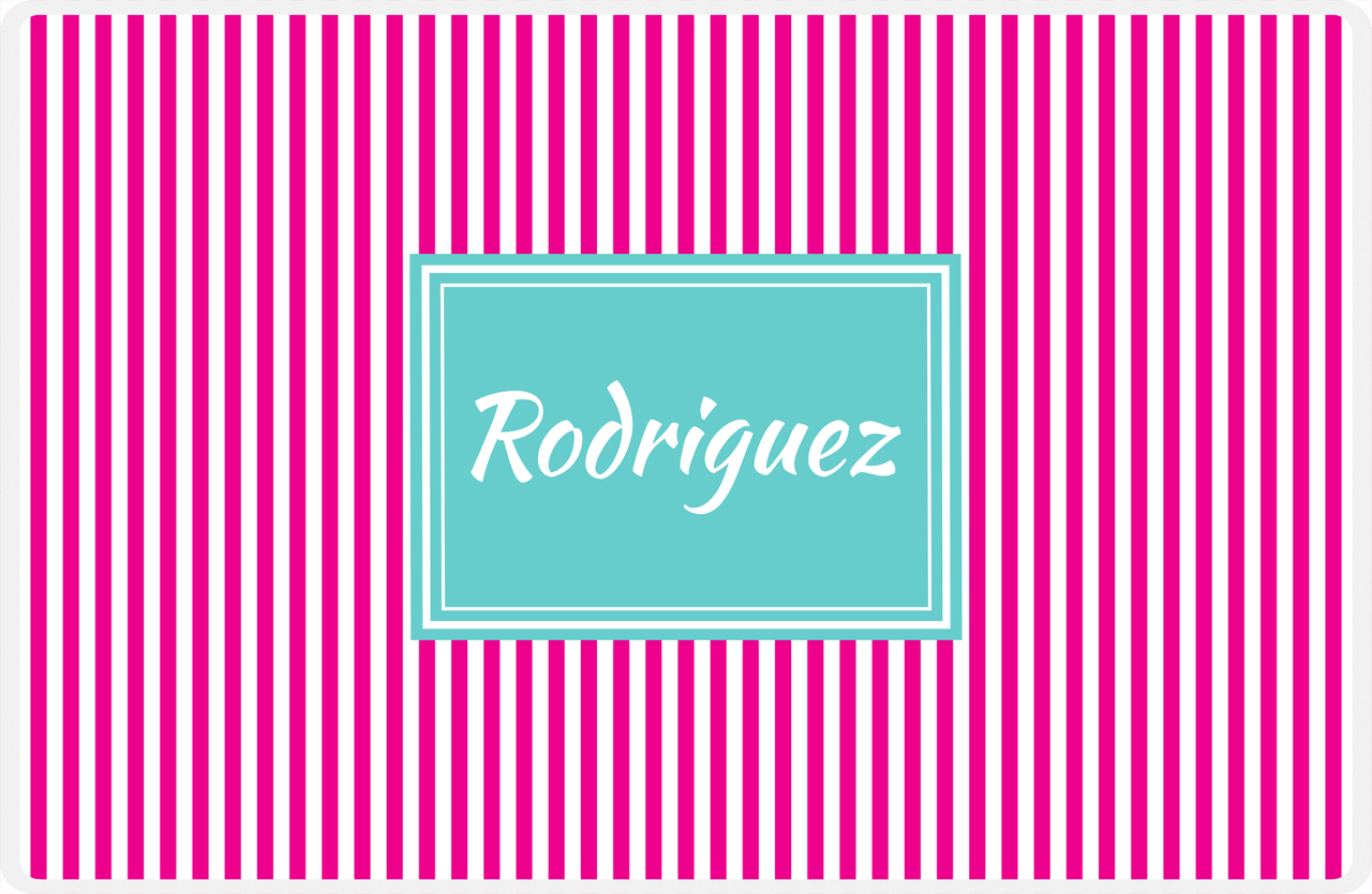 Personalized Vertical Stripes Placemat - Hot Pink and White - Viking Blue Rectangle Frame -  View