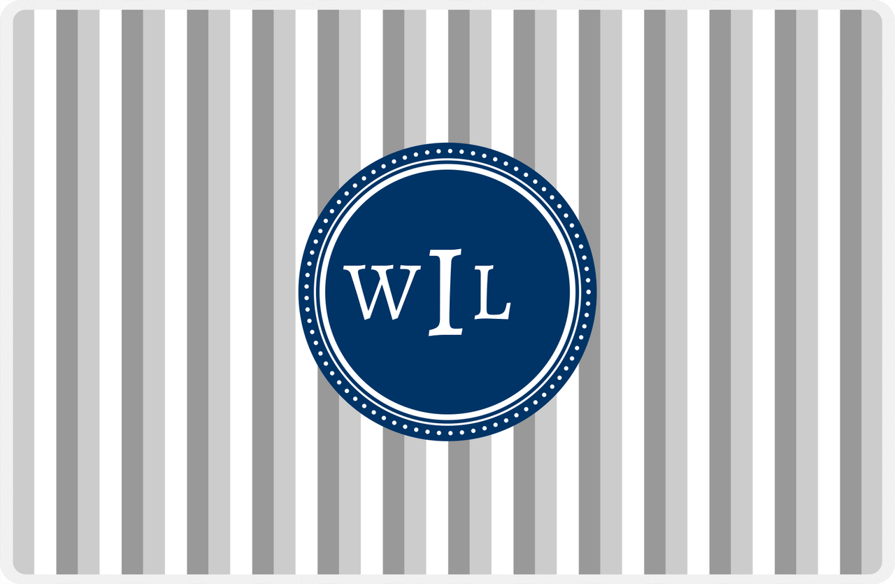 Personalized Vertical Stripes II Placemat - Light Grey and White - Navy Circle Frame -  View