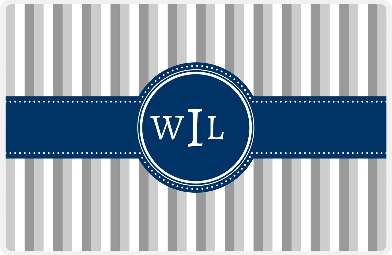 Personalized Vertical Stripes II Placemat - Light Grey and White - Navy Circle Frame with Ribbon -  View