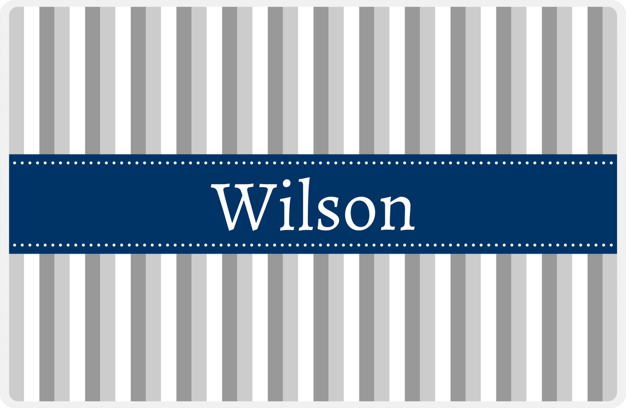 Personalized Vertical Stripes II Placemat - Light Grey and White - Navy Ribbon Frame -  View