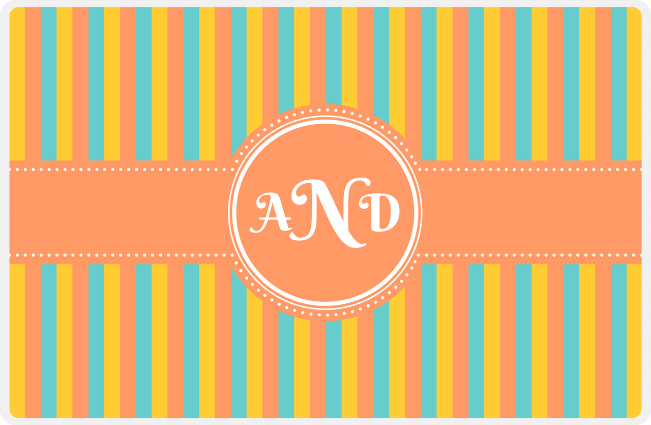 Personalized Vertical Stripes II Placemat - Viking Blue and Mustard - Tangerine Circle Frame with Ribbon -  View
