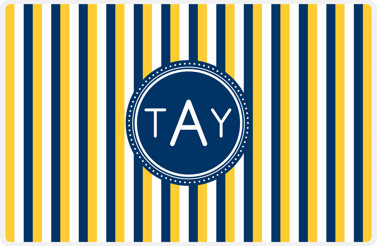 Personalized Vertical Stripes II Placemat - Navy and Mustard - Navy Circle Frame -  View