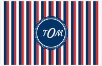 Thumbnail for Personalized Vertical Stripes II Placemat - Cherry Red and White - Navy Circle Frame -  View