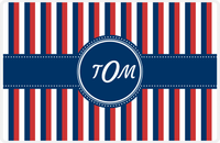 Thumbnail for Personalized Vertical Stripes II Placemat - Cherry Red and White - Navy Circle Frame with Ribbon -  View