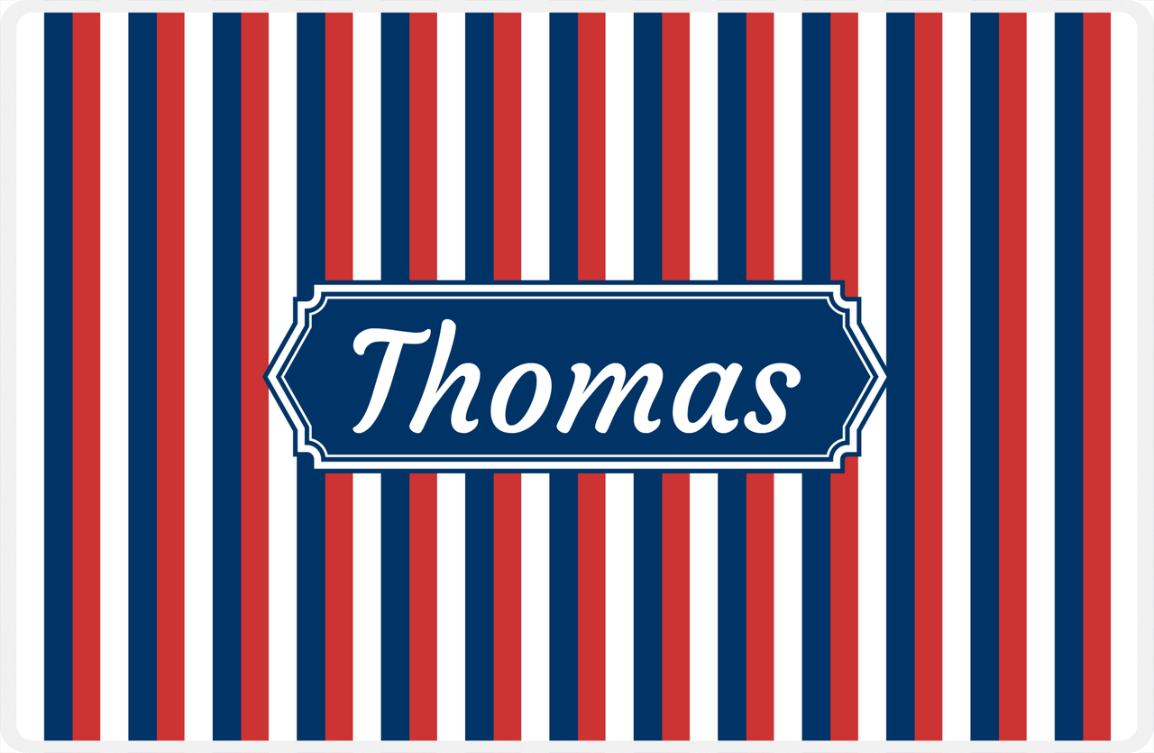 Personalized Vertical Stripes II Placemat - Cherry Red and White - Navy Decorative Rectangle Frame -  View