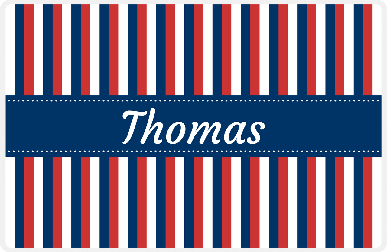 Personalized Vertical Stripes II Placemat - Cherry Red and White - Navy Ribbon Frame -  View