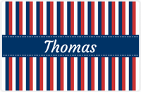 Thumbnail for Personalized Vertical Stripes II Placemat - Cherry Red and White - Navy Ribbon Frame -  View