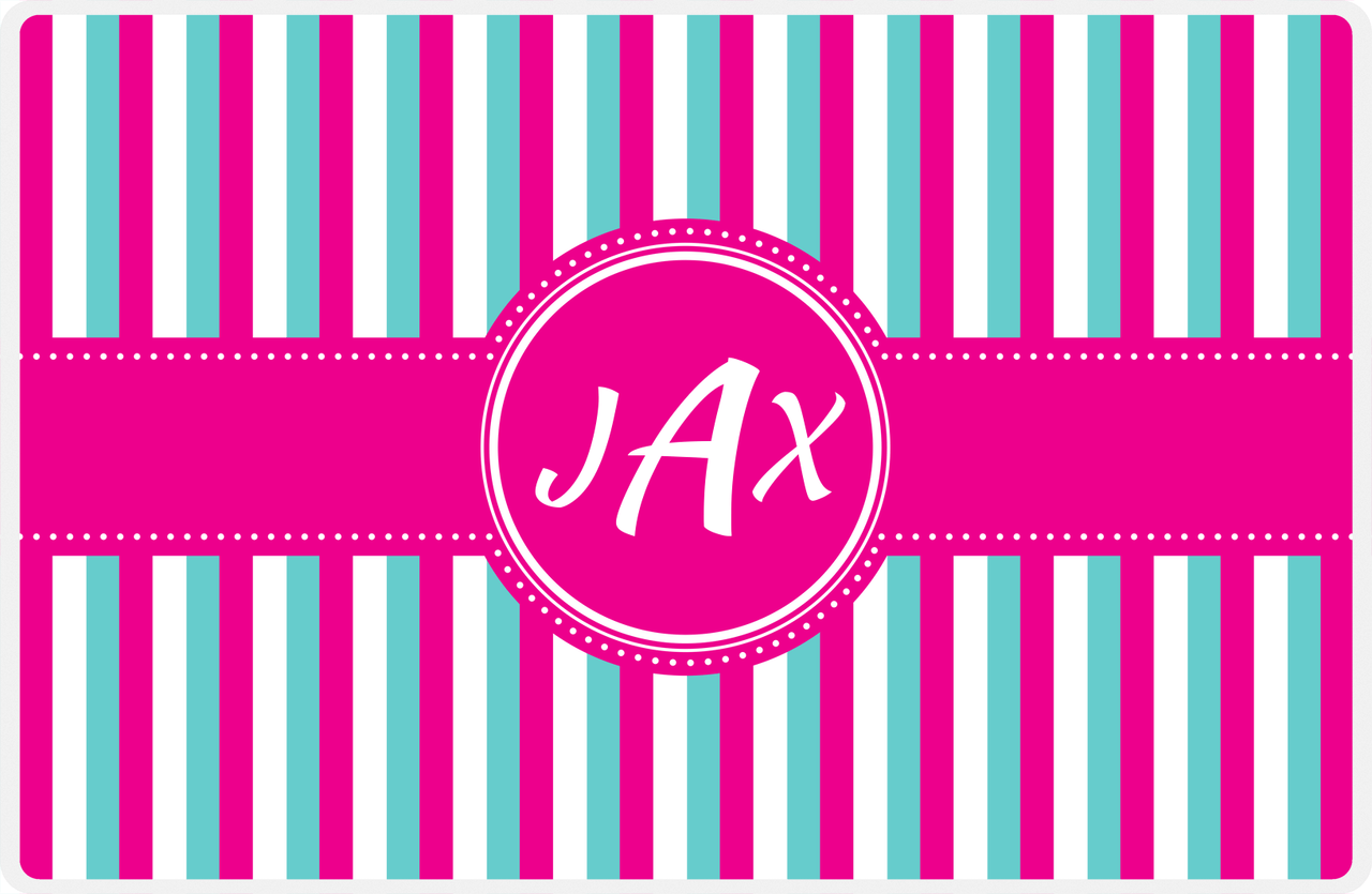Personalized Vertical Stripes II Placemat - Viking Blue and White - Hot Pink Circle Frame with Ribbon -  View