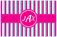 Thumbnail for Personalized Vertical Stripes II Placemat - Viking Blue and White - Hot Pink Circle Frame with Ribbon -  View