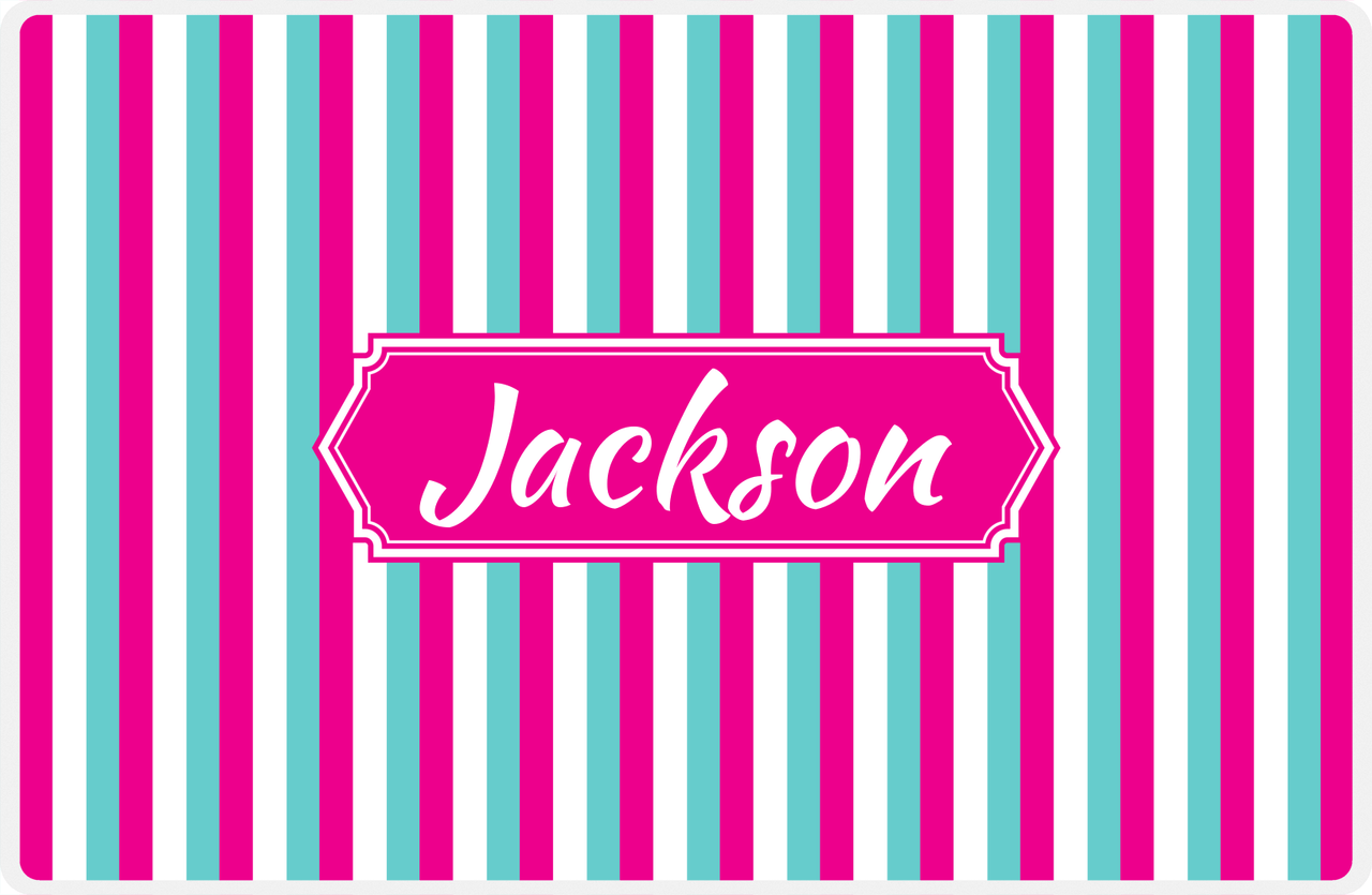 Personalized Vertical Stripes II Placemat - Viking Blue and White - Hot Pink Decorative Rectangle Frame -  View