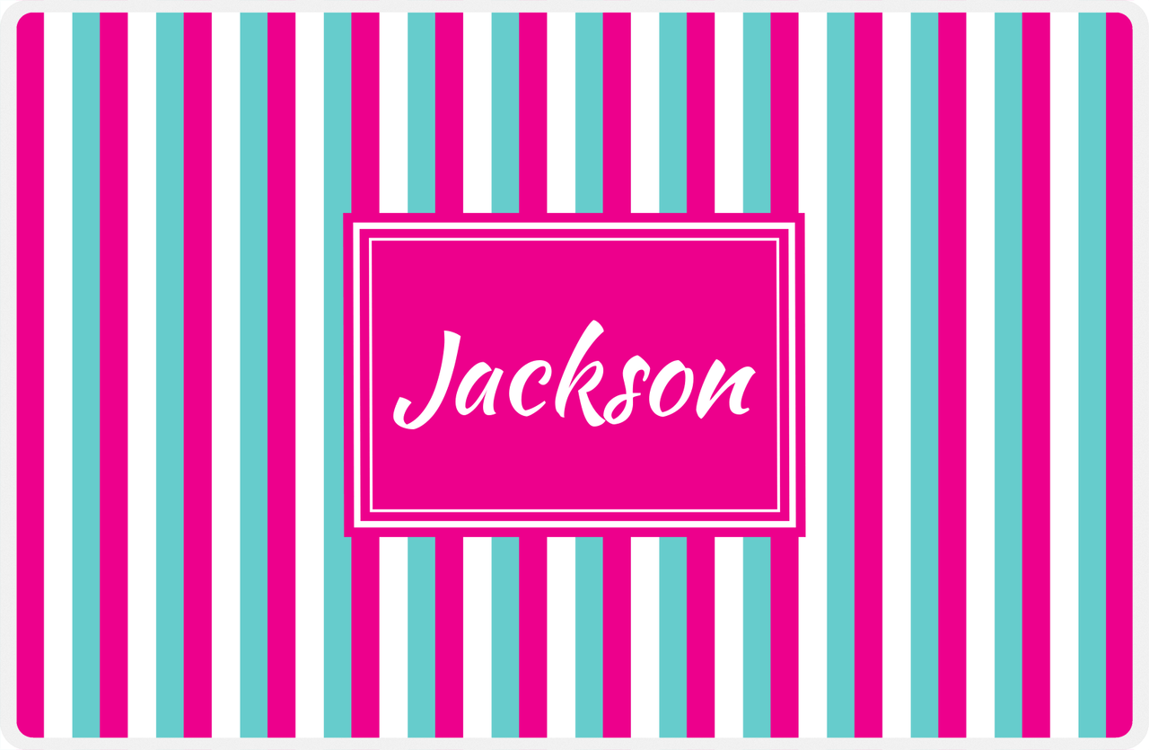 Personalized Vertical Stripes II Placemat - Viking Blue and White - Hot Pink Rectangle Frame -  View