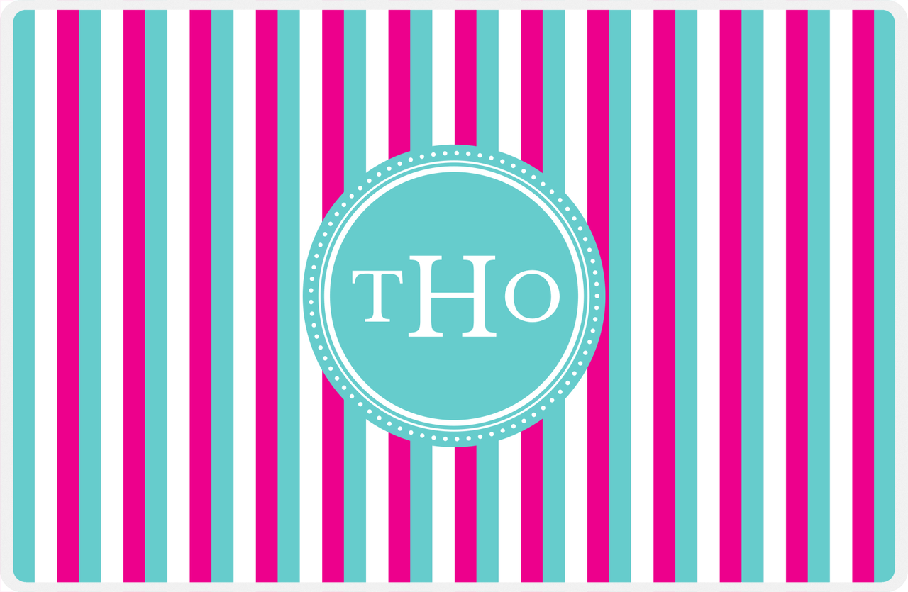 Personalized Vertical Stripes II Placemat - Hot Pink and White - Viking Blue Circle Frame -  View