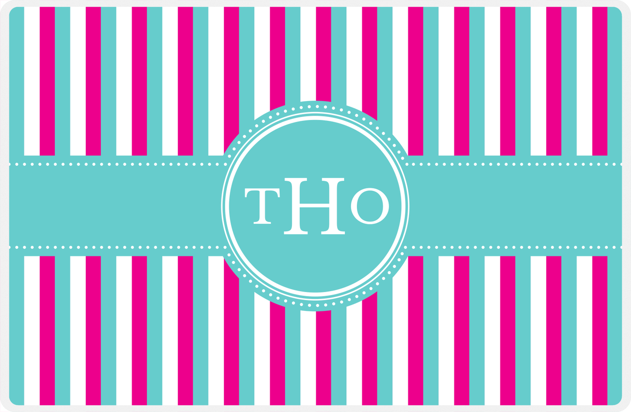 Personalized Vertical Stripes II Placemat - Hot Pink and White - Viking Blue Circle Frame with Ribbon -  View