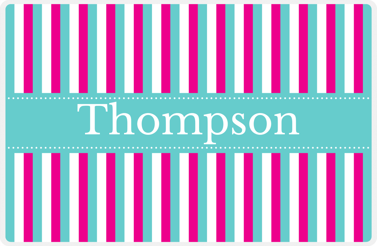 Personalized Vertical Stripes II Placemat - Hot Pink and White - Viking Blue Ribbon Frame -  View