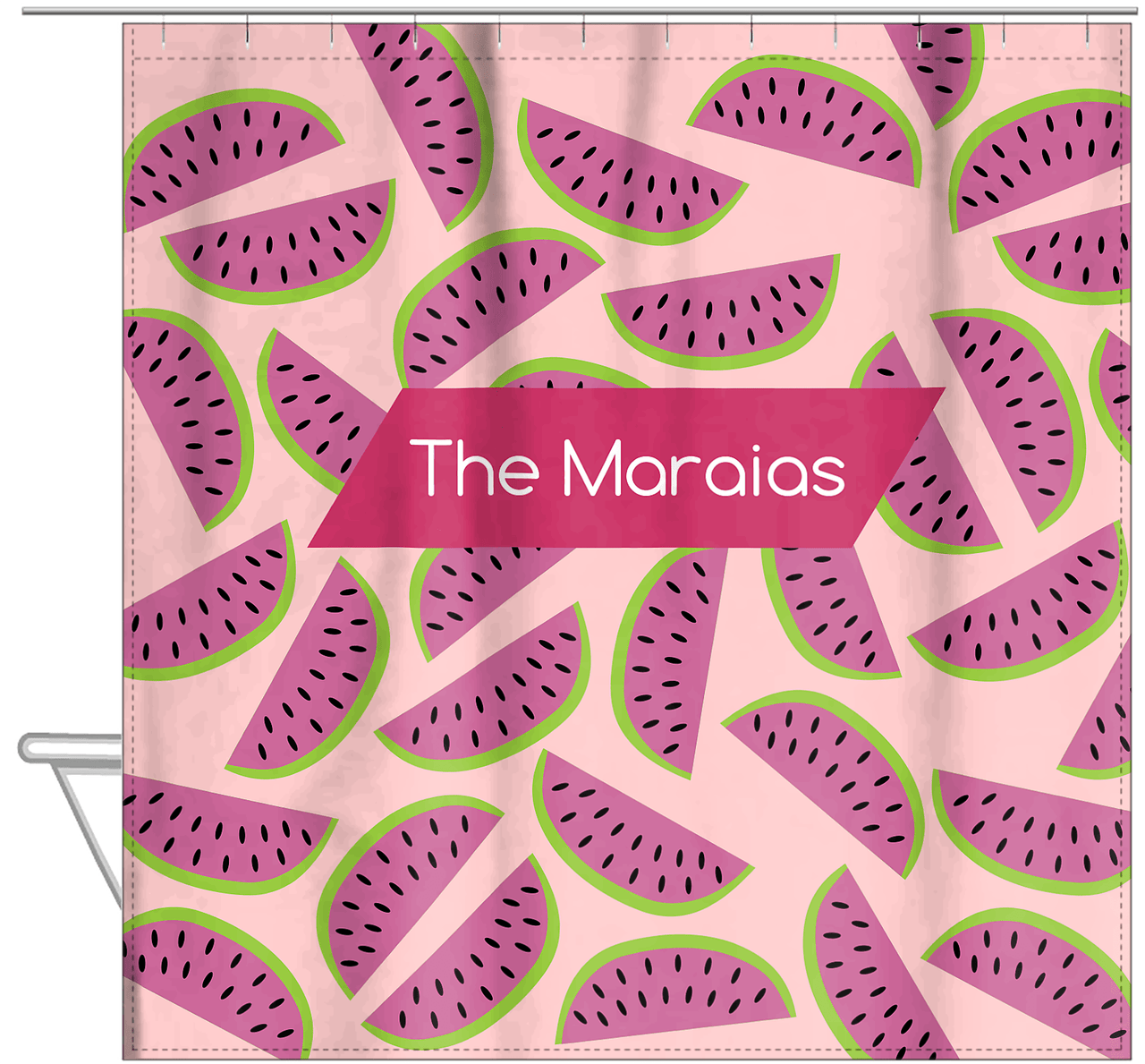 Personalized Watermelon Shower Curtain - Angled Rectangle Nameplate - Hanging View