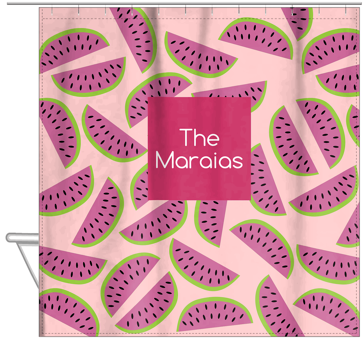 Personalized Watermelon Shower Curtain - Square Nameplate - Hanging View