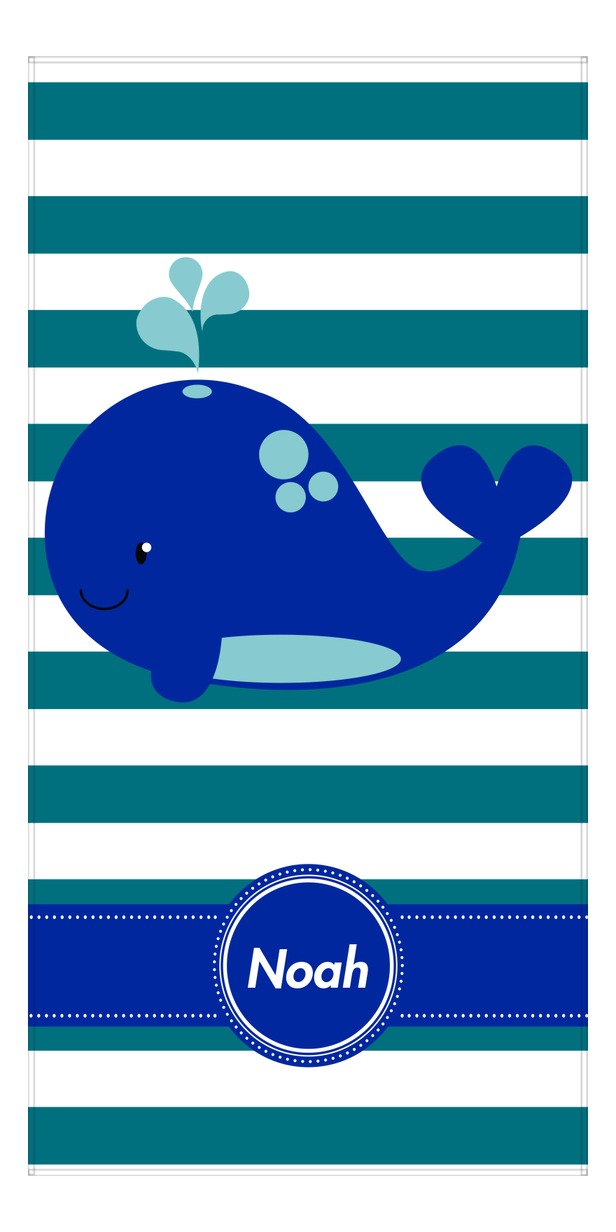Personalized Whale Beach Towel with Stripes - Circle Ribbon Nameplate - Front View