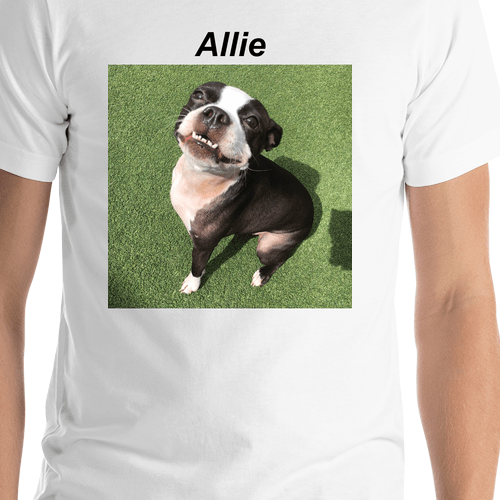 Personalized White T-Shirt - Upload Your Square Image - Text Above Photo - Shirt Close-Up View