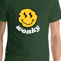 Thumbnail for Personalized Wonky Smiley Face T-Shirt - Forest Green - Shirt Close-Up View