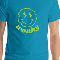 Thumbnail for Personalized Wonky Smiley Face T-Shirt - Teal - Shirt Close-Up View