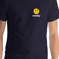 Thumbnail for Personalized Wonky Smiley Face T-Shirt - Navy Blue - Shirt Close-Up View