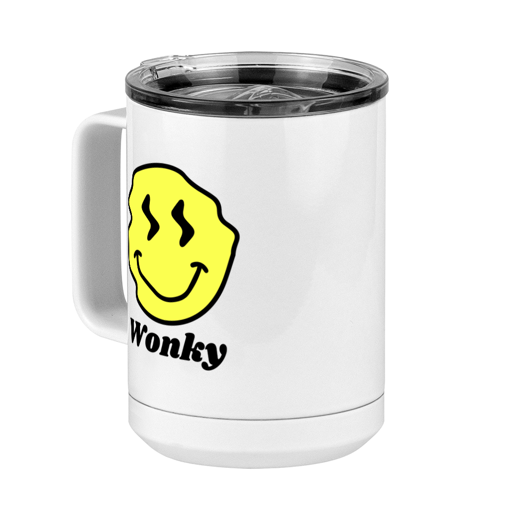Personalized Wonky Smiley Face Coffee Mug Tumbler with Handle (15 oz) - Front Left View