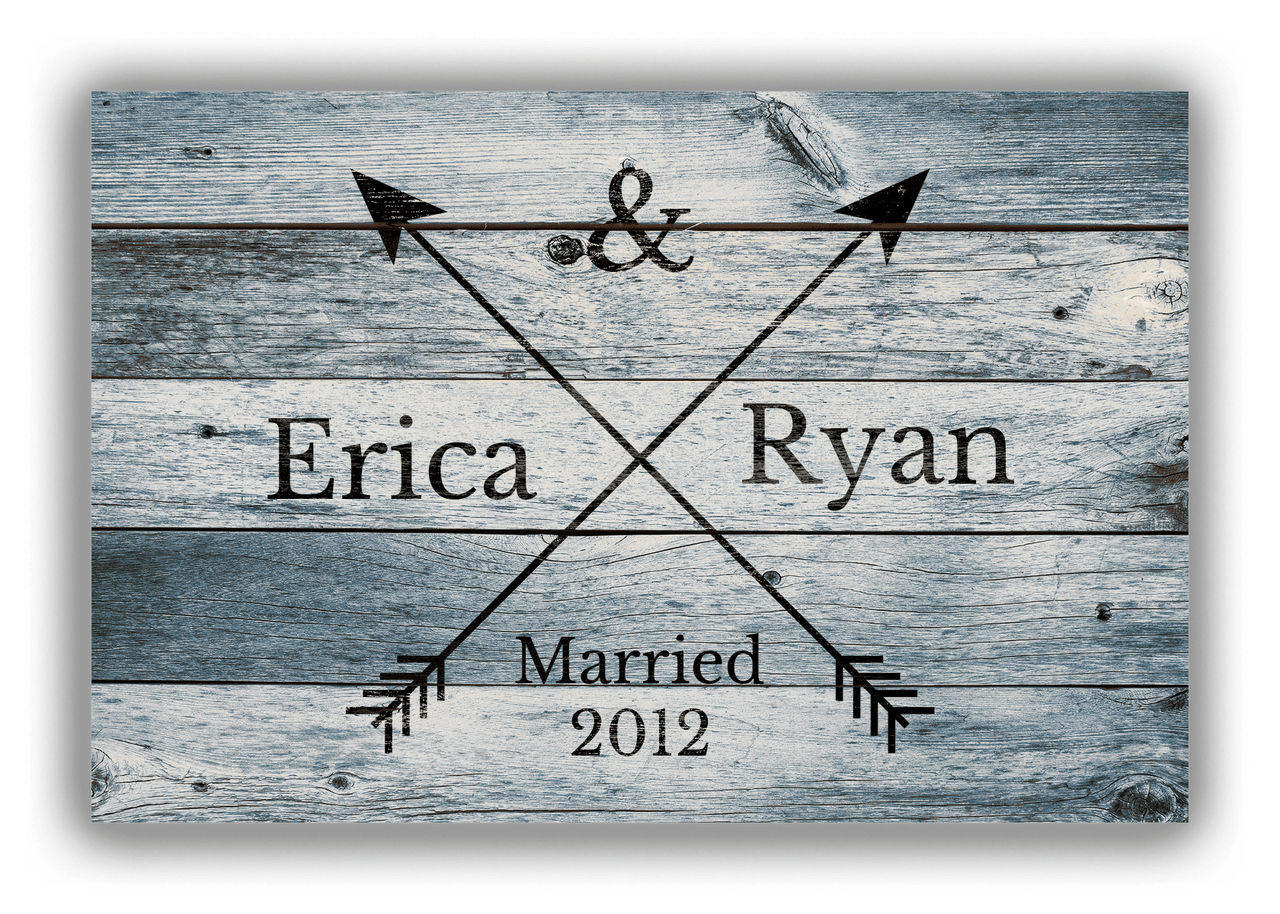 Personalized Wood Grain Canvas Wrap & Photo Print - Black Arrows - Couples Names with Wedding Year - Blue Wash Wood - Front View