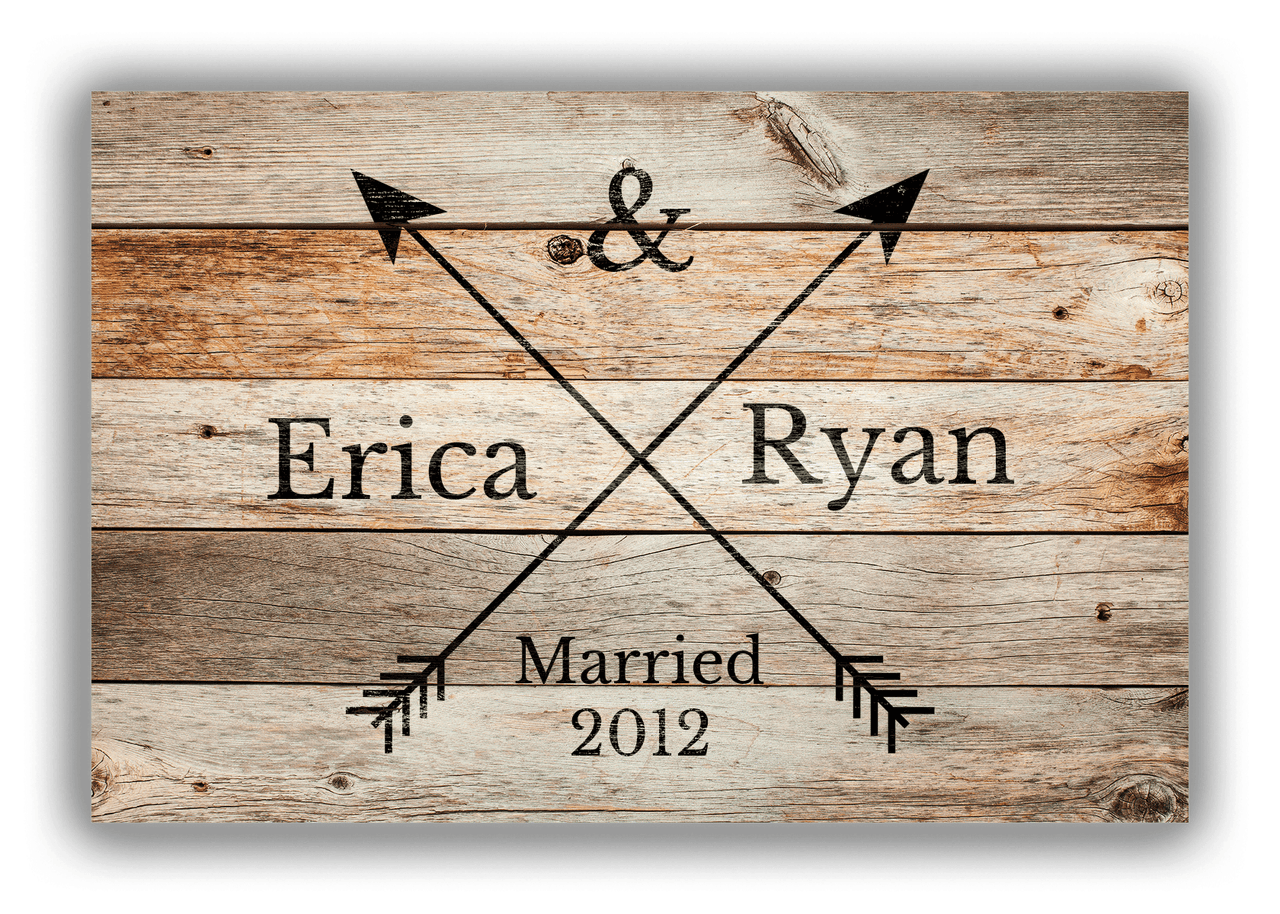 Personalized Wood Grain Canvas Wrap & Photo Print - Black Arrows - Couples Names with Wedding Year - Natural Wood - Front View