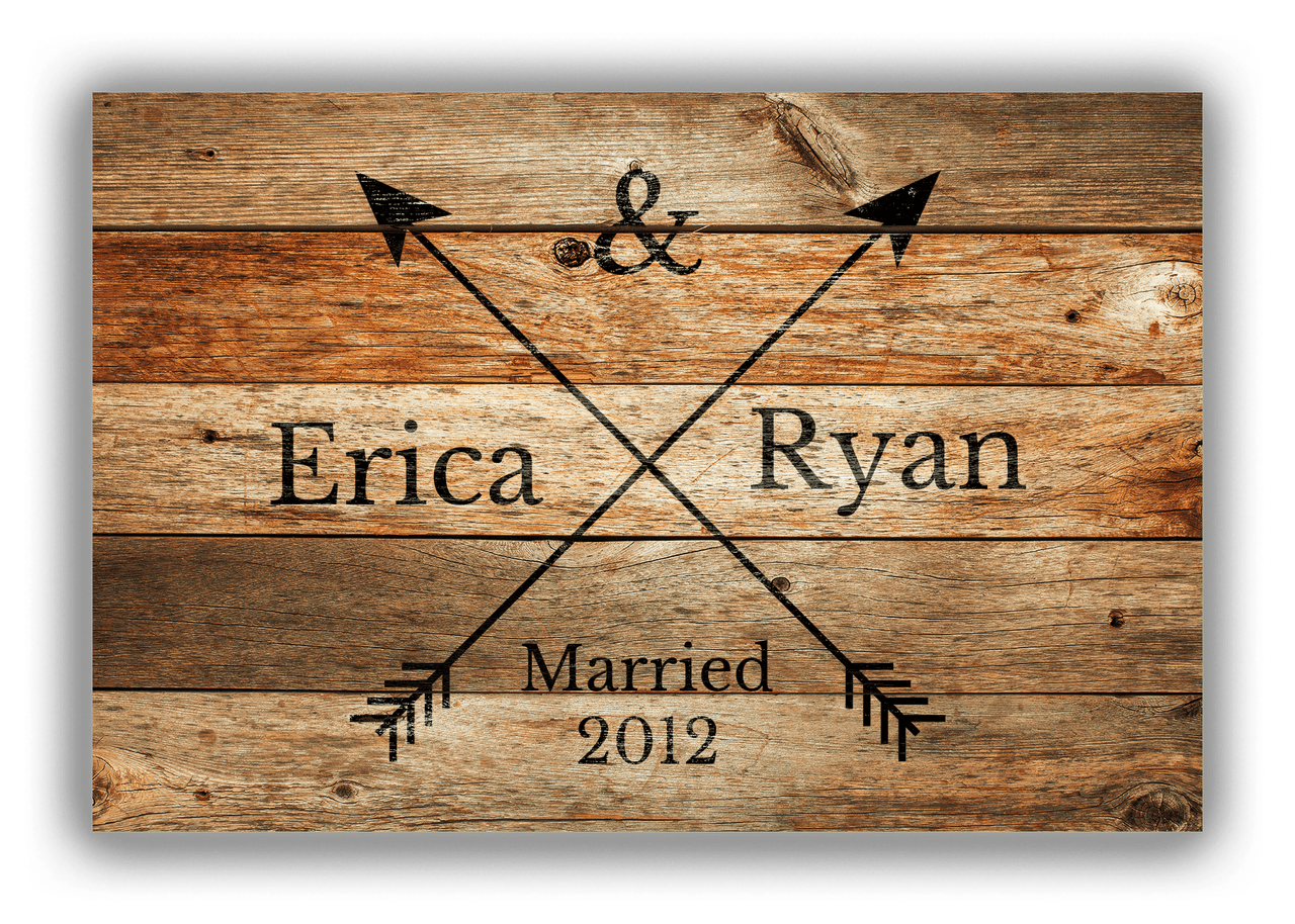 Personalized Wood Grain Canvas Wrap & Photo Print - Black Arrows - Couples Names with Wedding Year - Antique Oak Wood - Front View
