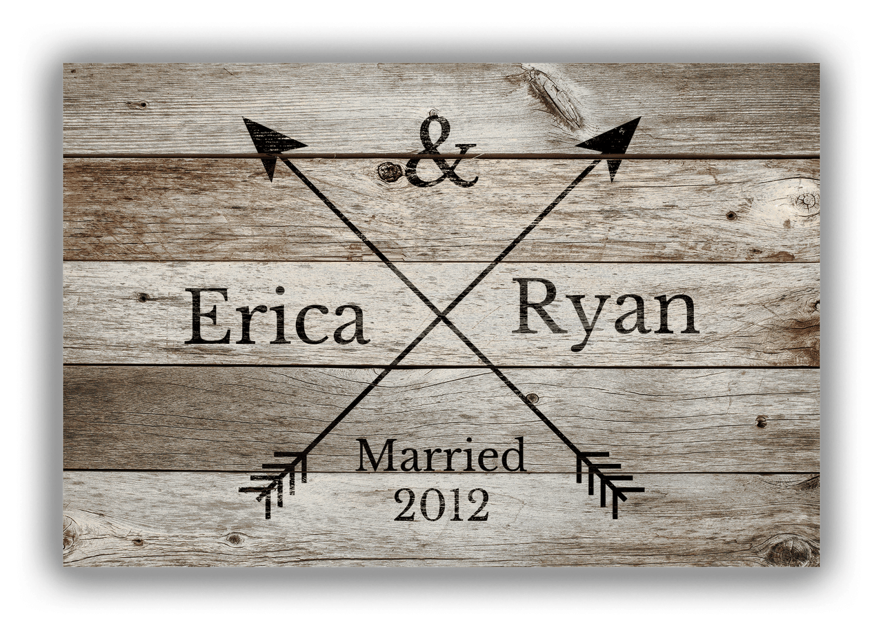 Personalized Wood Grain Canvas Wrap & Photo Print - Black Arrows - Couples Names with Wedding Year - Old Grey Wood - Front View