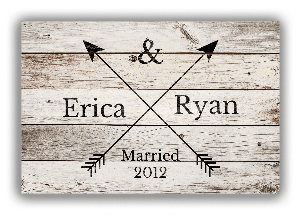 Personalized Wood Grain Canvas Wrap & Photo Print - Black Arrows - Couples Names with Wedding Year - Whitewash Wood - Front View
