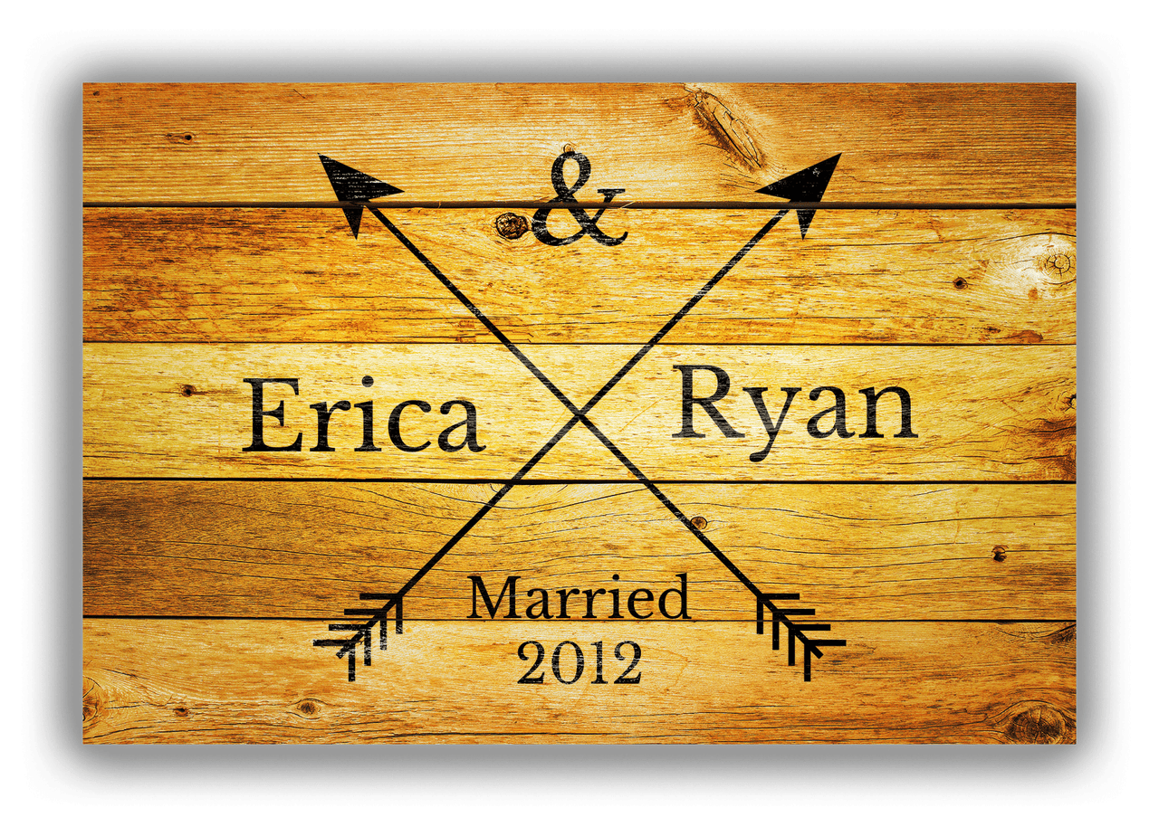 Personalized Wood Grain Canvas Wrap & Photo Print - Black Arrows - Couples Names with Wedding Year - Sun Burst Wood - Front View