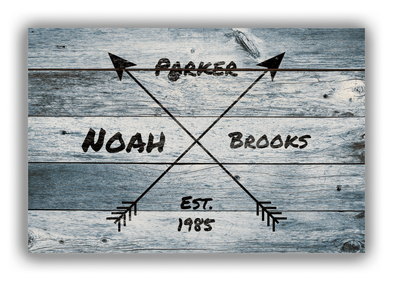 Personalized Wood Grain Canvas Wrap & Photo Print - Black Arrows - Name with Birth Year - Blue Wash Wood - Front View