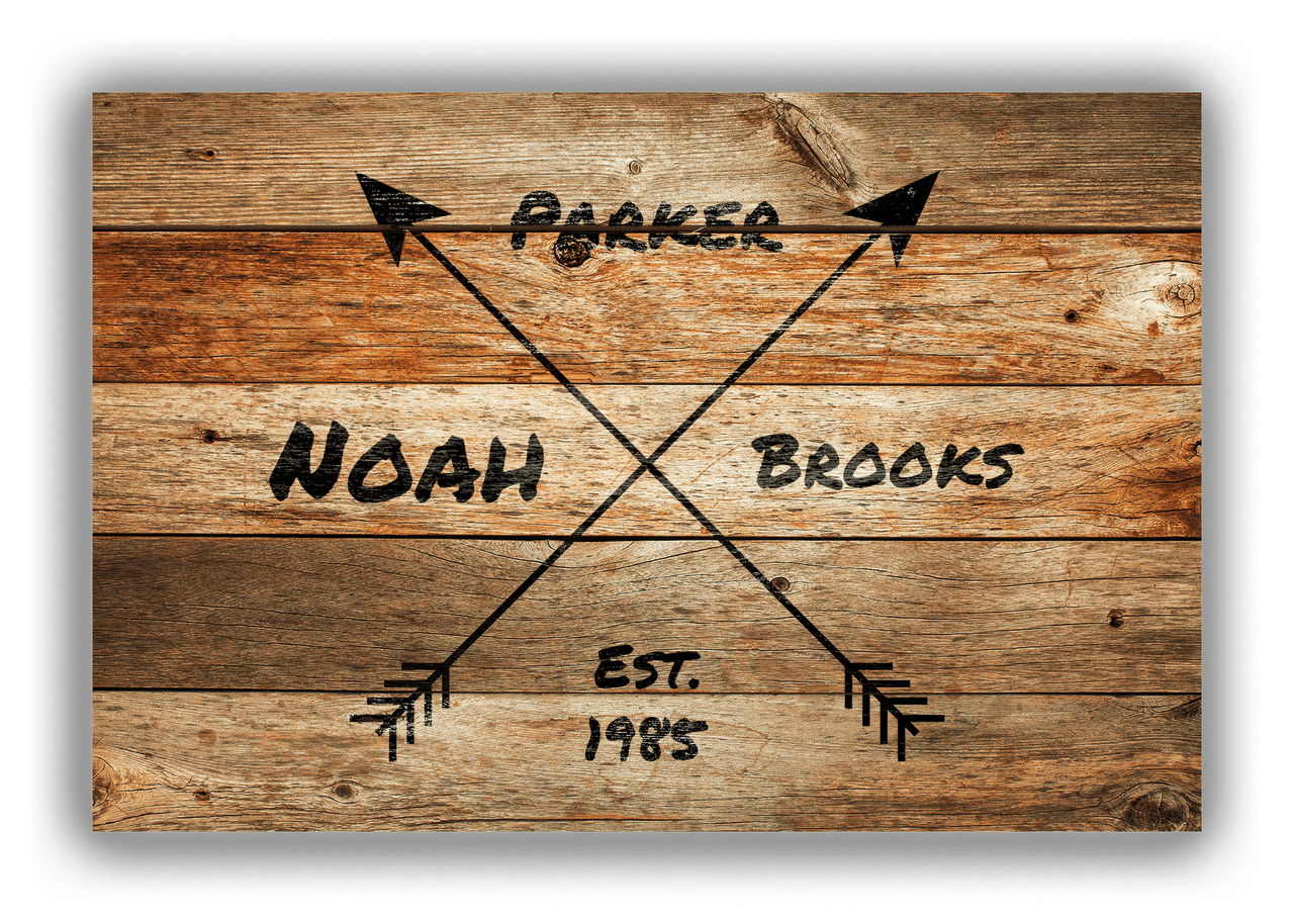 Personalized Wood Grain Canvas Wrap & Photo Print - Black Arrows - Name with Birth Year - Antique Oak Wood - Front View