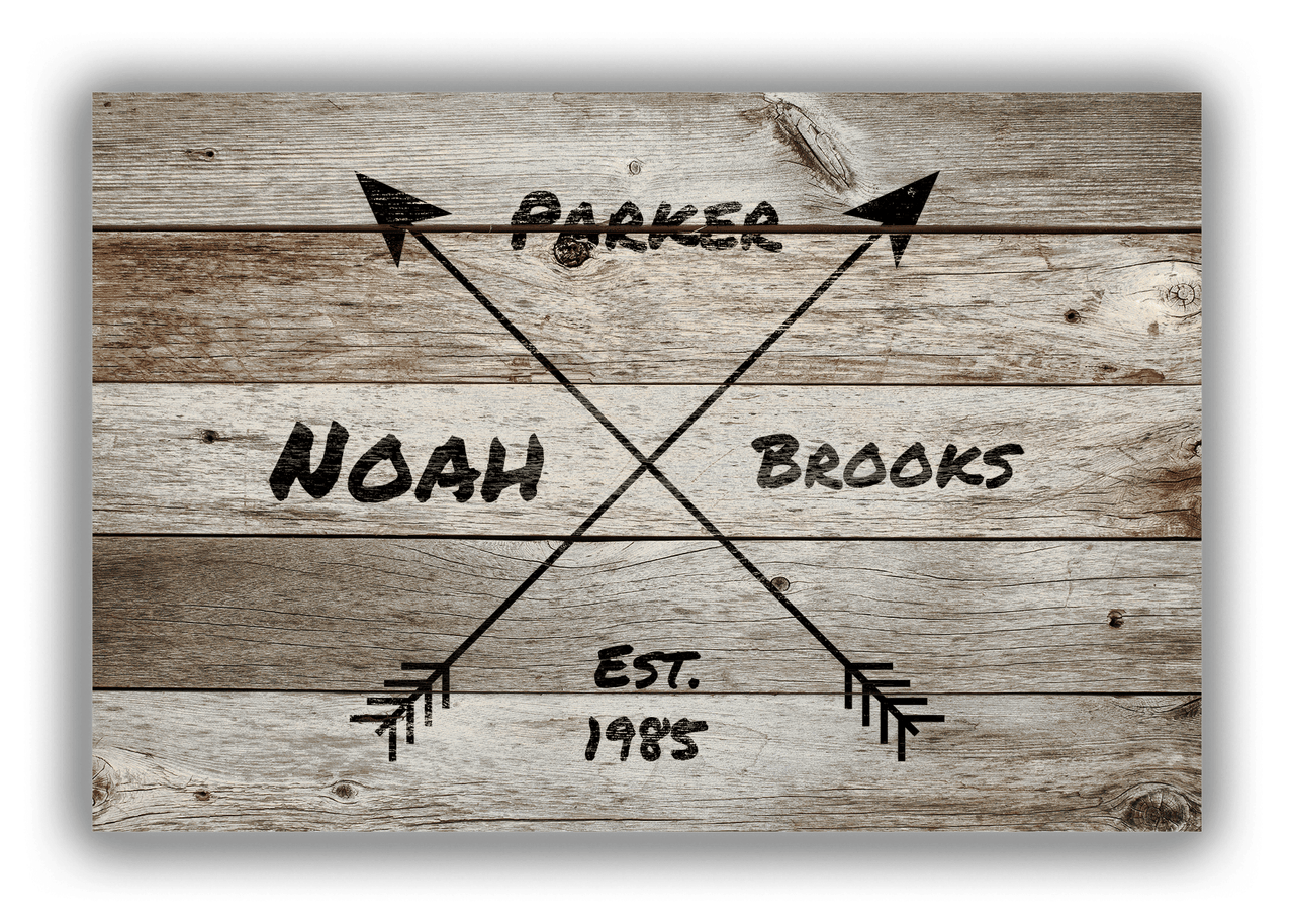 Personalized Wood Grain Canvas Wrap & Photo Print - Black Arrows - Name with Birth Year - Old Grey Wood - Front View