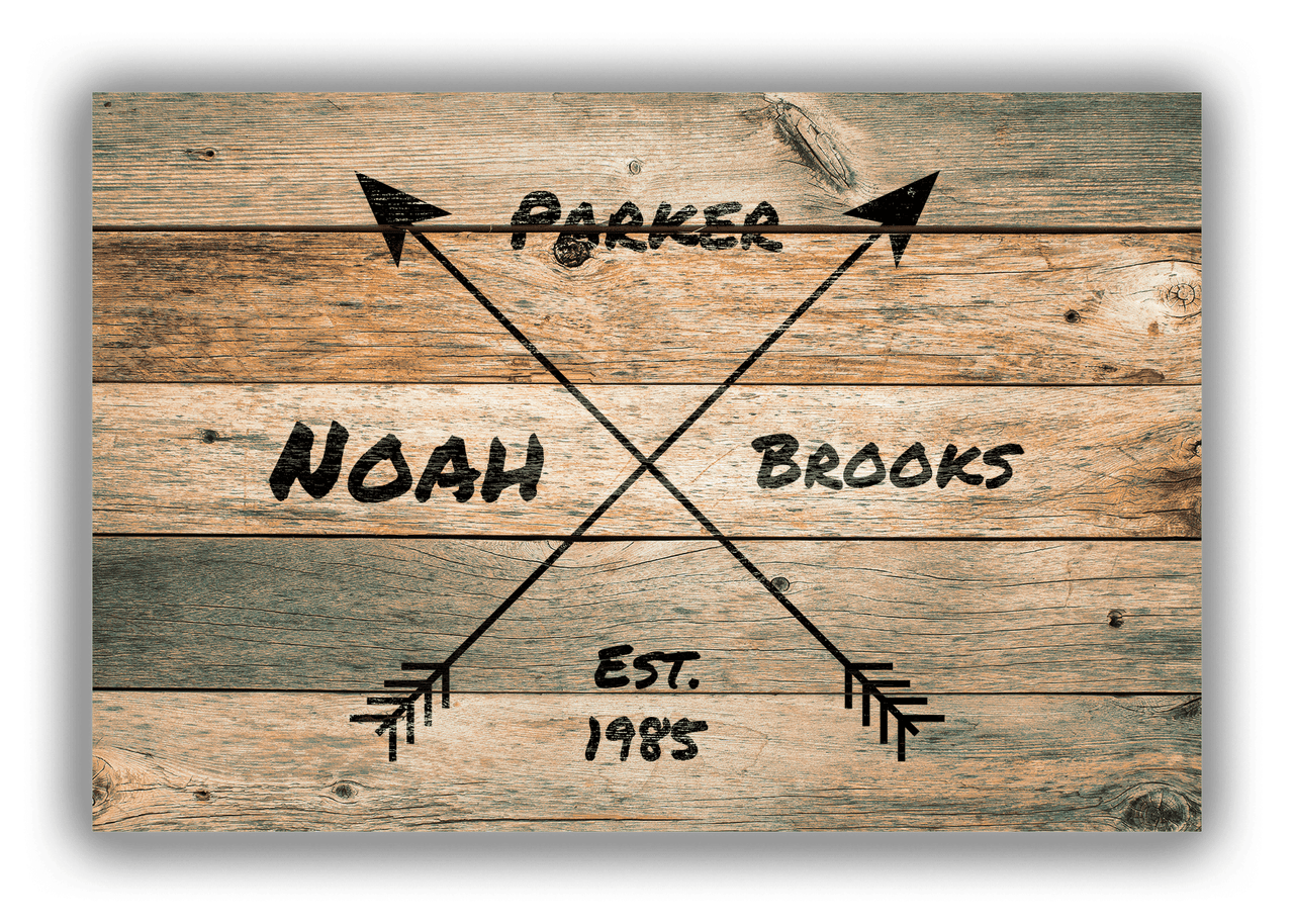 Personalized Wood Grain Canvas Wrap & Photo Print - Black Arrows - Name with Birth Year - Patina Wood - Front View