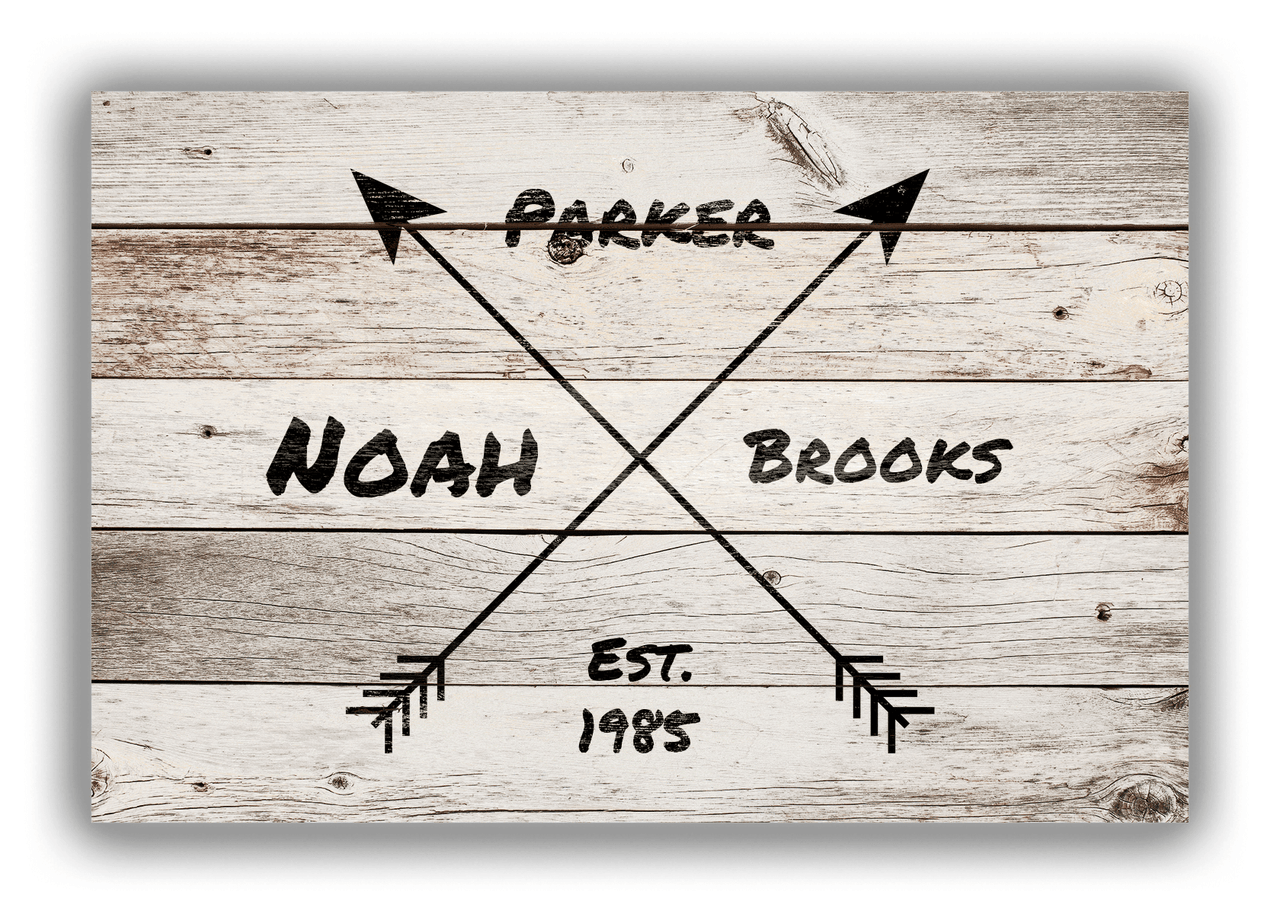 Personalized Wood Grain Canvas Wrap & Photo Print - Black Arrows - Name with Birth Year - Whitewash Wood - Front View