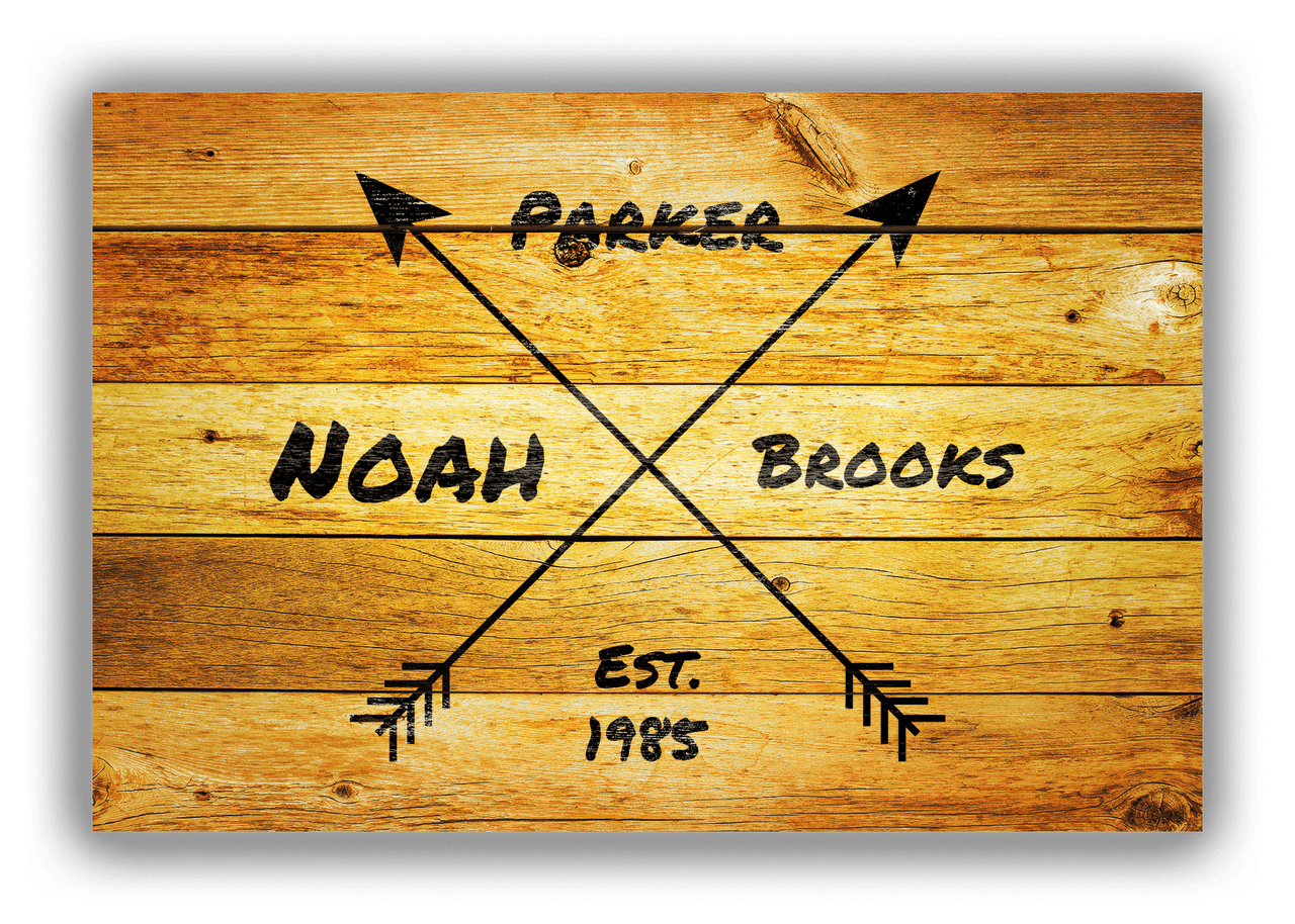 Personalized Wood Grain Canvas Wrap & Photo Print - Black Arrows - Name with Birth Year - Sun Burst Wood - Front View