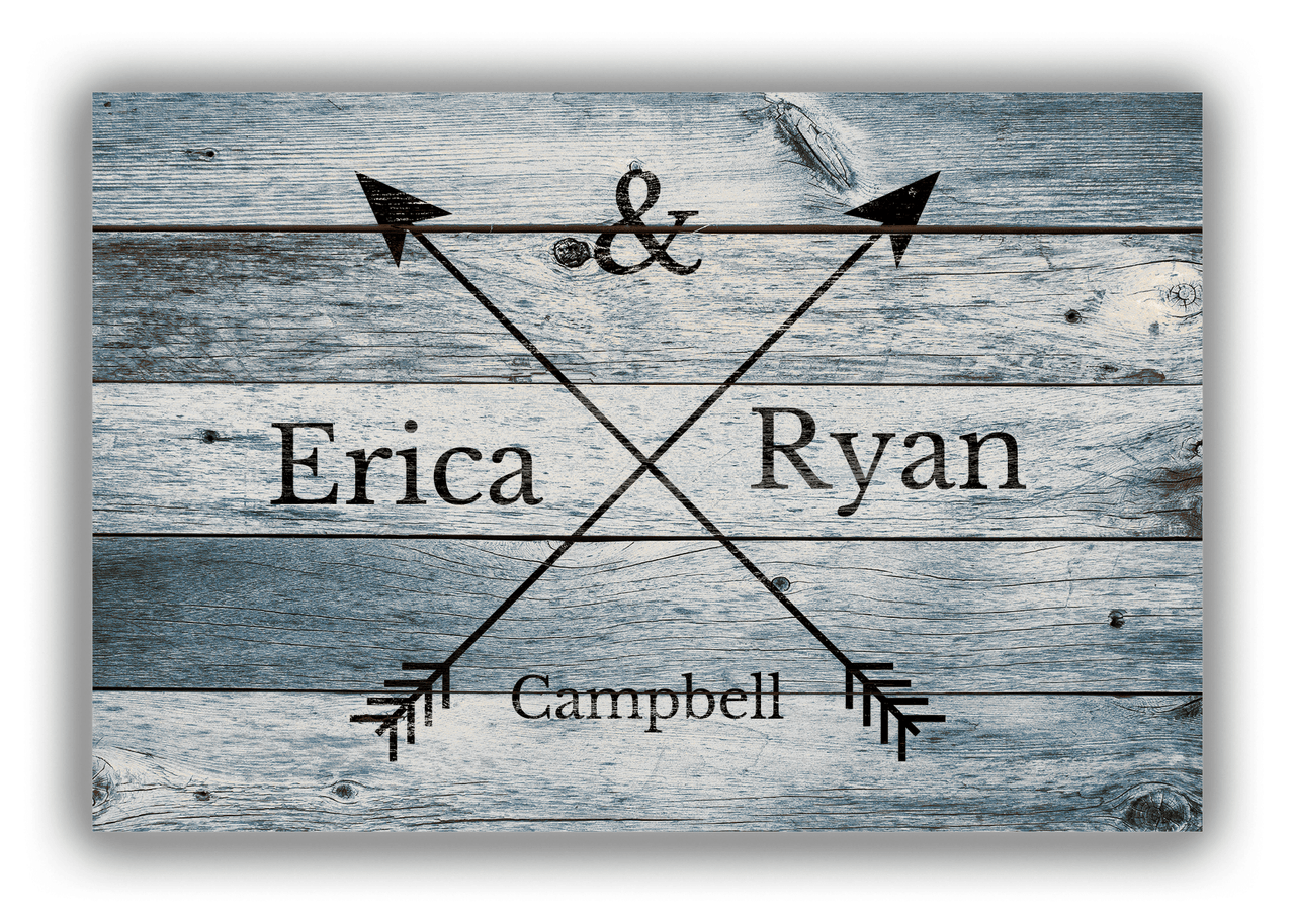 Personalized Wood Grain Canvas Wrap & Photo Print - Black Arrows - Couples Names with Last Name - Blue Wash Wood - Front View