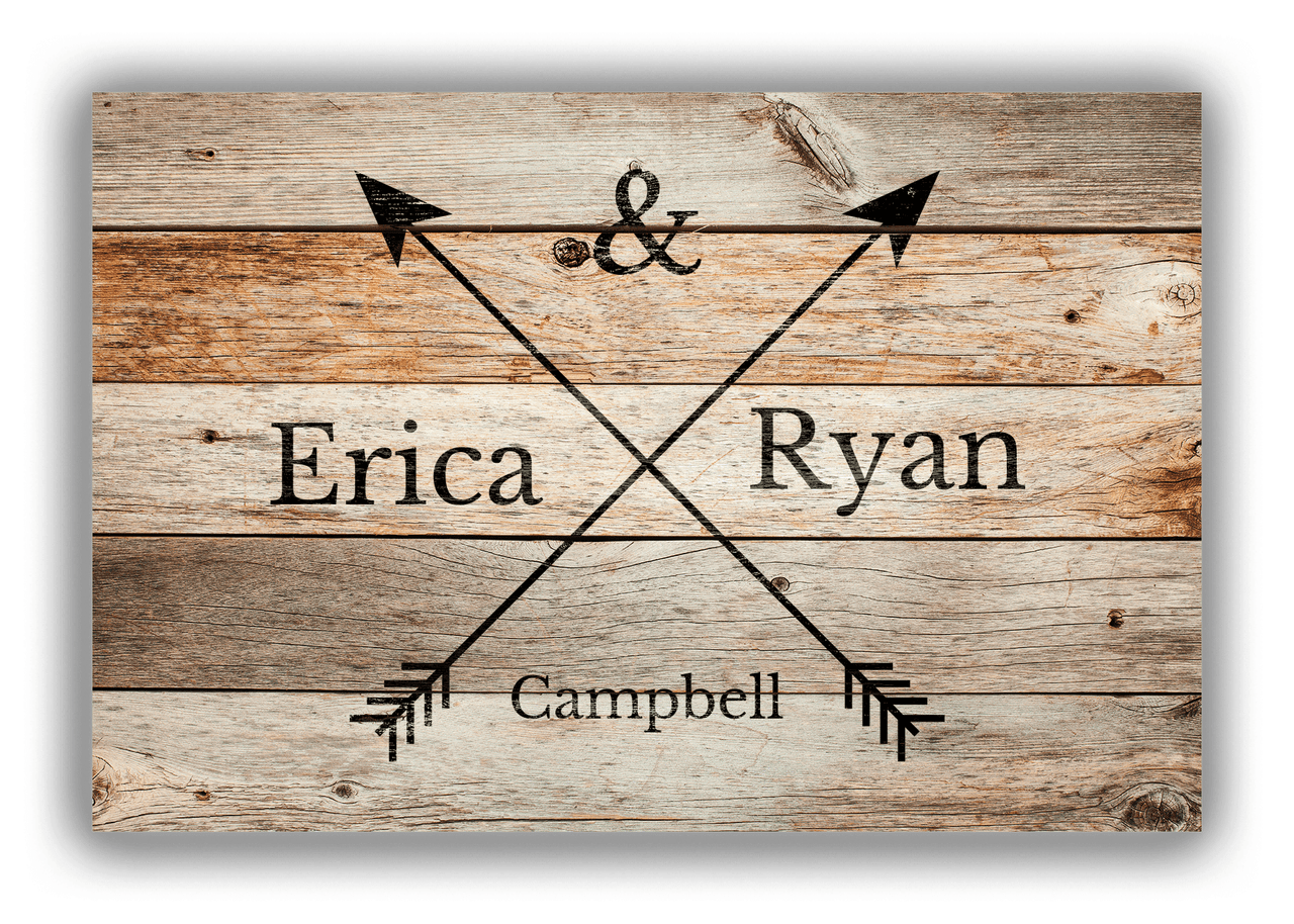 Personalized Wood Grain Canvas Wrap & Photo Print - Black Arrows - Couples Names with Last Name - Natural Wood - Front View