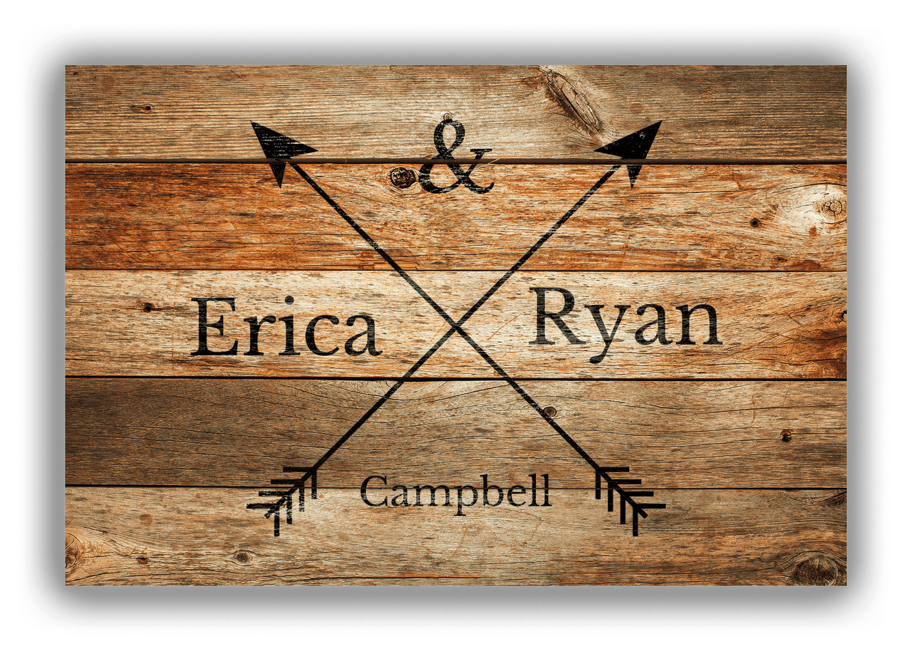 Personalized Wood Grain Canvas Wrap & Photo Print - Black Arrows - Couples Names with Last Name - Antique Oak Wood - Front View