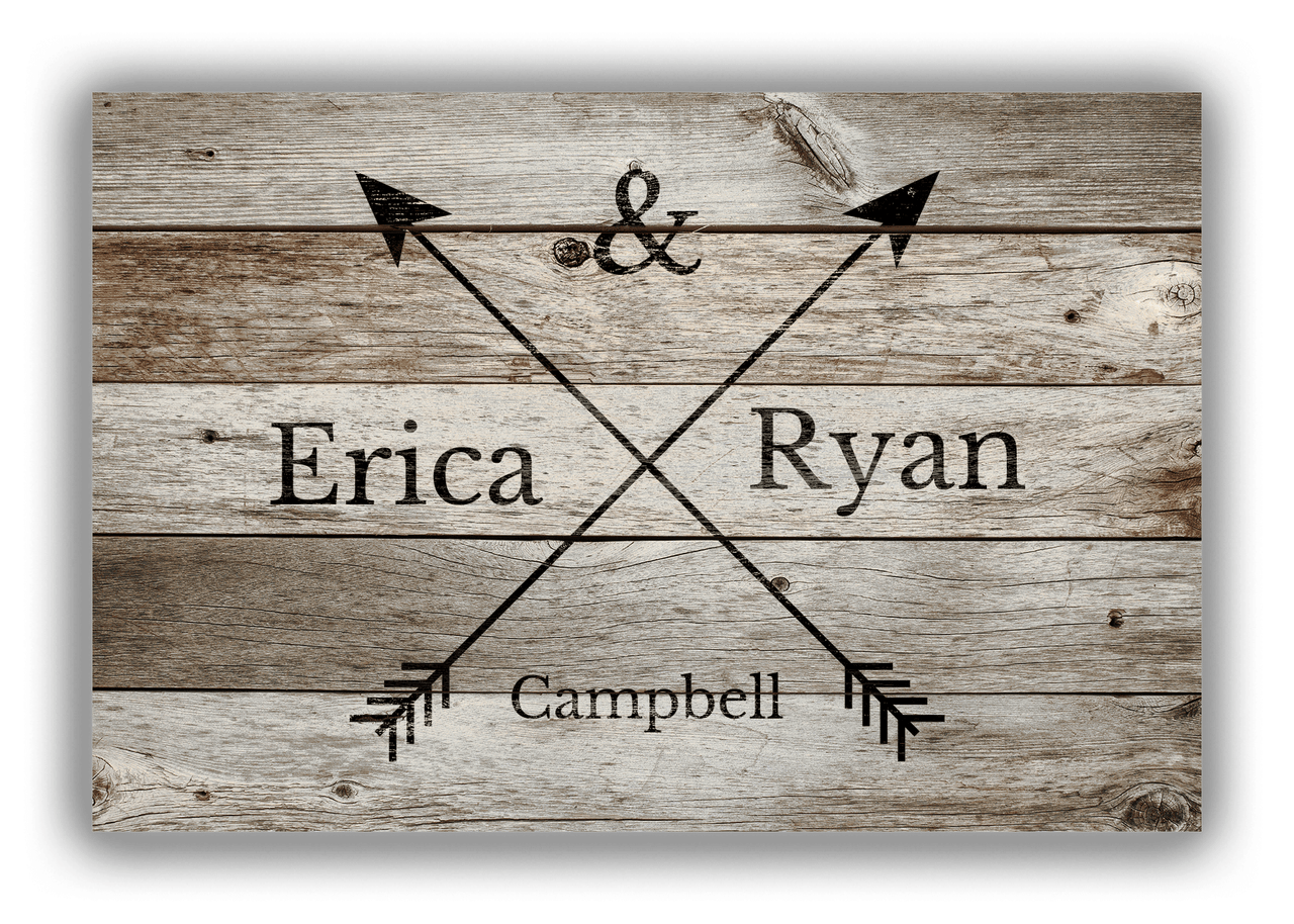 Personalized Wood Grain Canvas Wrap & Photo Print - Black Arrows - Couples Names with Last Name - Old Grey Wood - Front View