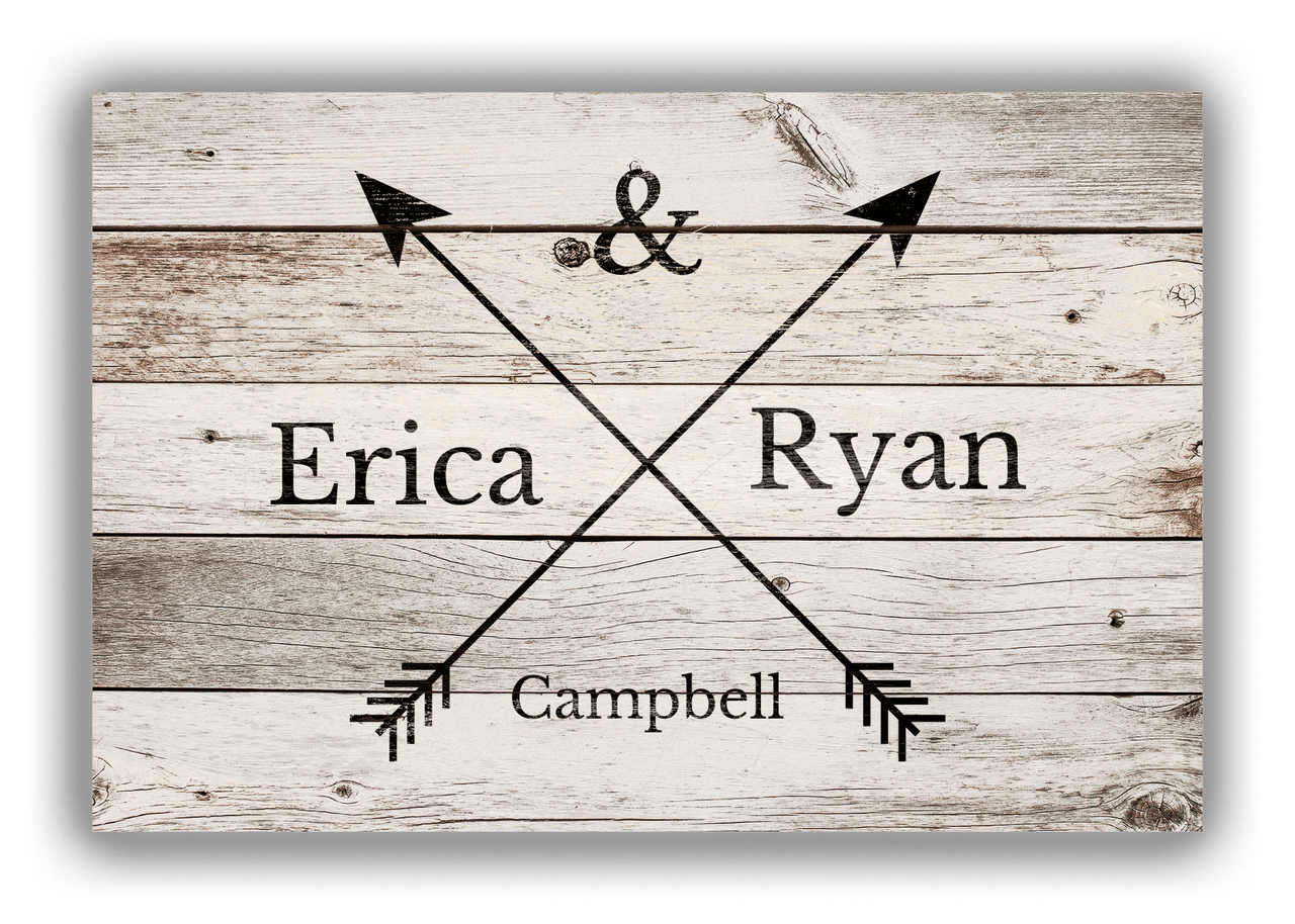 Personalized Wood Grain Canvas Wrap & Photo Print - Black Arrows - Couples Names with Last Name - Whitewash Wood - Front View
