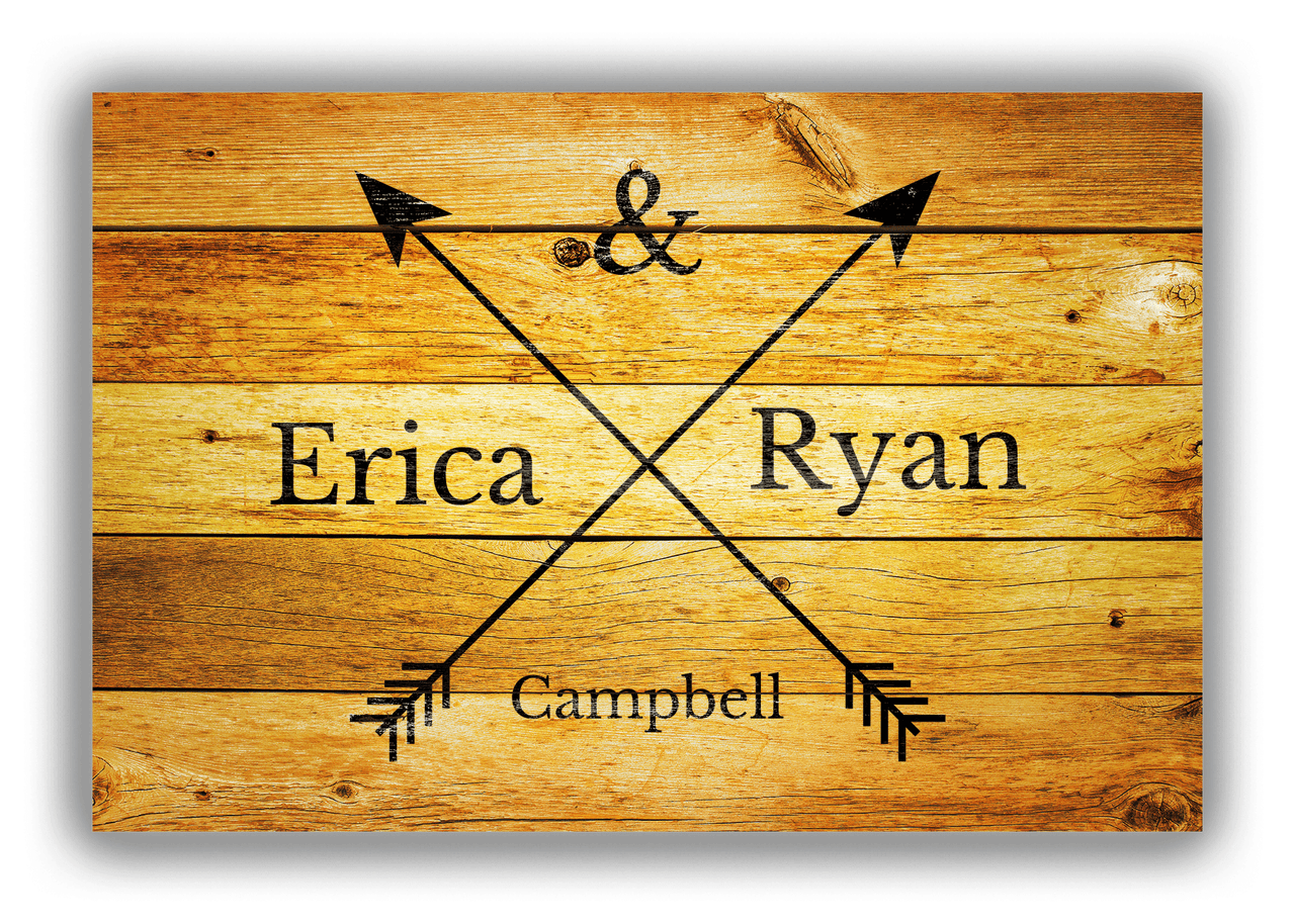 Personalized Wood Grain Canvas Wrap & Photo Print - Black Arrows - Couples Names with Last Name - Sun Burst Wood - Front View