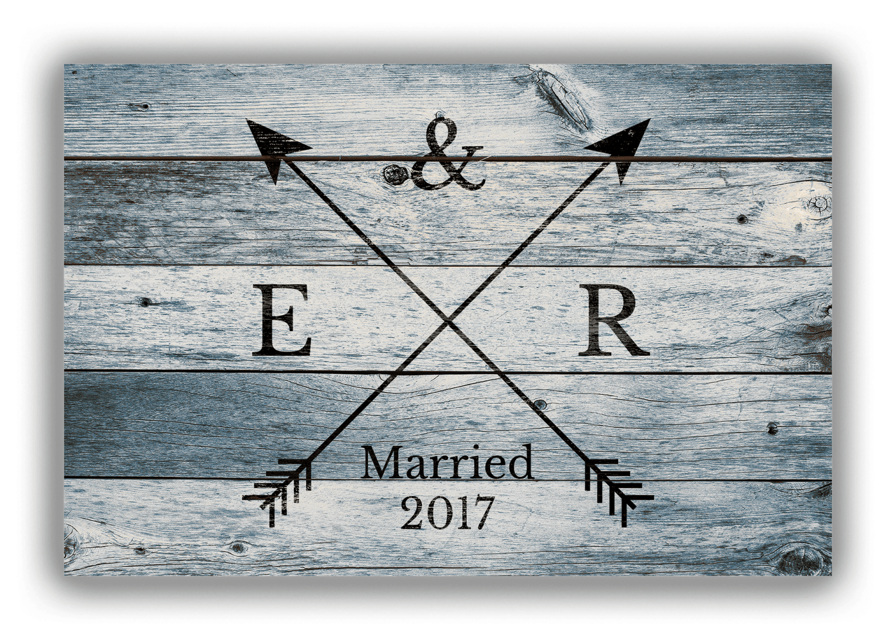 Personalized Wood Grain Canvas Wrap & Photo Print - Black Arrows - Couples Initials with Wedding Year - Blue Wash Wood - Front View