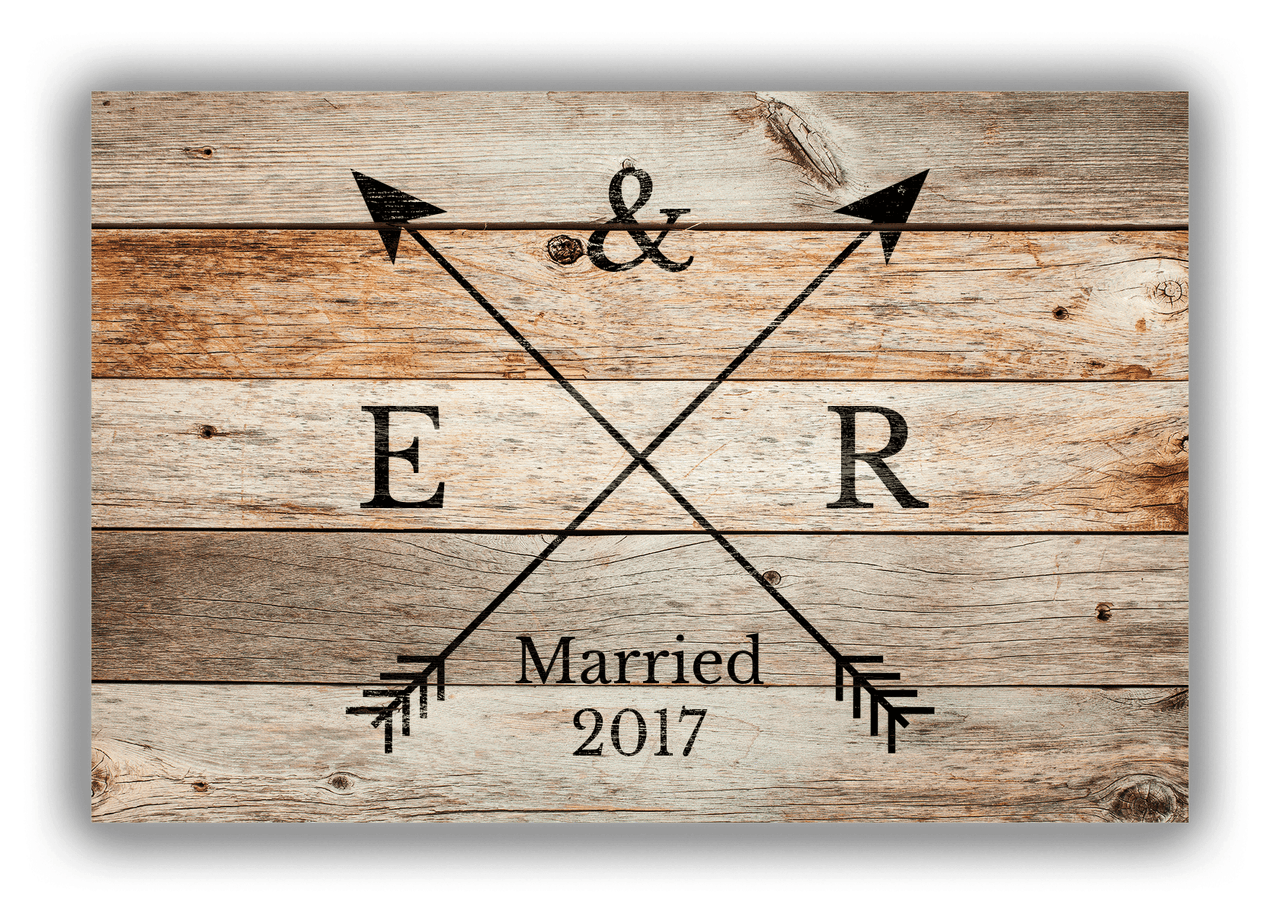 Personalized Wood Grain Canvas Wrap & Photo Print - Black Arrows - Couples Initials with Wedding Year - Natural Wood - Front View