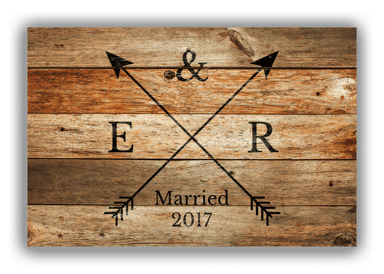 Personalized Wood Grain Canvas Wrap & Photo Print - Black Arrows - Couples Initials with Wedding Year - Antique Oak Wood - Front View